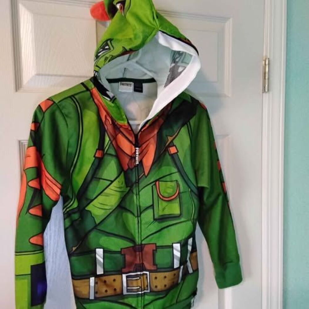 Fortnite Rex Costume Hoodie featuring a full-zip mask, Size M